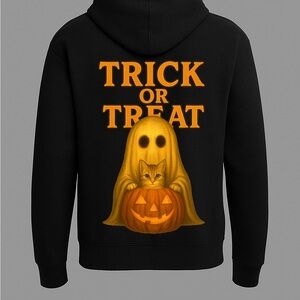 Kids Halloween Hoodie with Ghost and Cat Design - Black and Orange